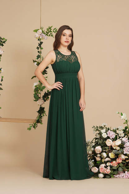 Long A Line Round Neck Chiffon Floor Length Formal Dresses - YESBABYONLINE
