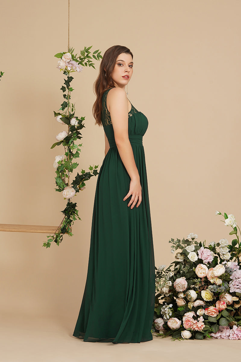 Long A Line Round Neck Chiffon Floor Length Formal Dresses - YESBABYONLINE