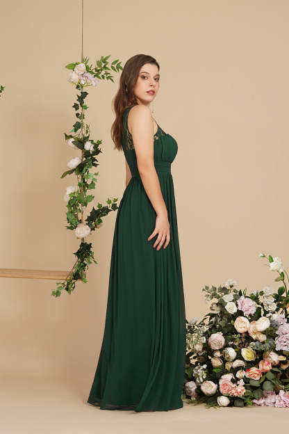 Long A Line Round Neck Chiffon Floor Length Formal Dresses - YESBABYONLINE