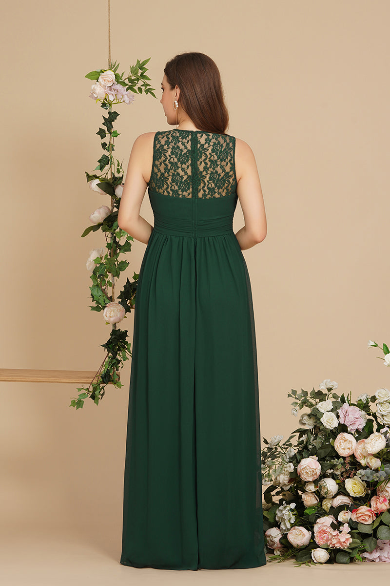 Long A Line Round Neck Chiffon Floor Length Formal Dresses - YESBABYONLINE