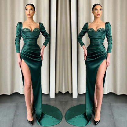 Long Sleeves Dark Green Evening Dress with Split and Sequins