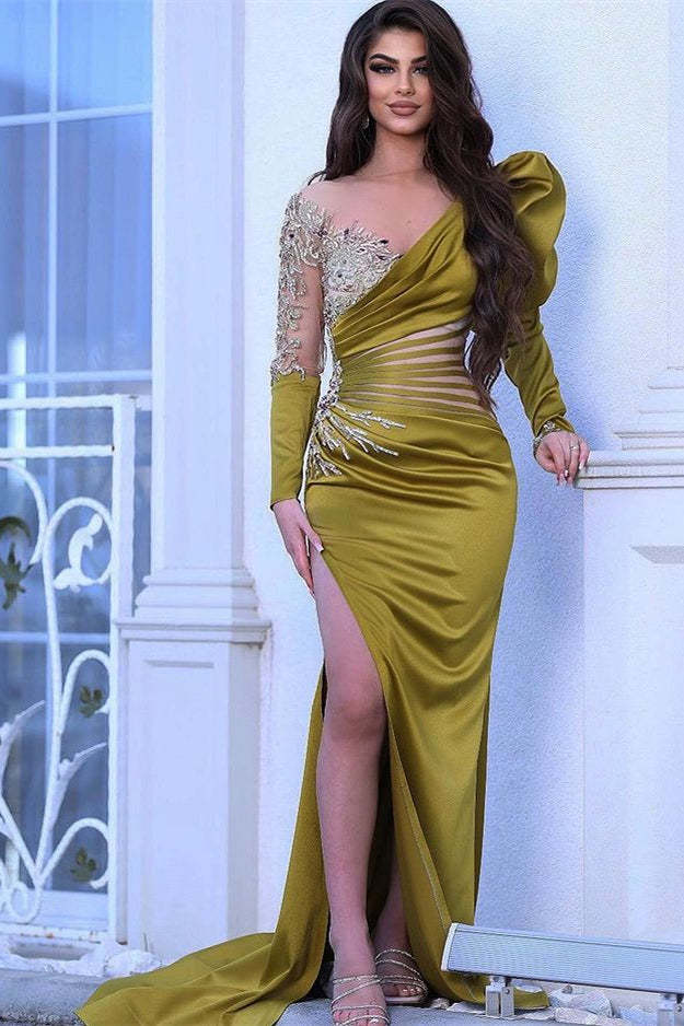 Long Sleeves Mermaid Prom Dress with Beadings and Split