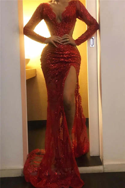 Long Sleeves Mermaid V-neck Backless Sequined Prom Dress with slit-Yesbabyonline
