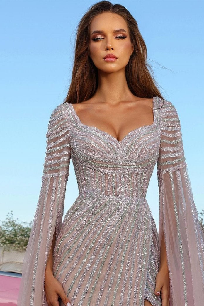 Yesbabyonline Long Sleeves Sweetheart Sequined Formal Evening Dresses