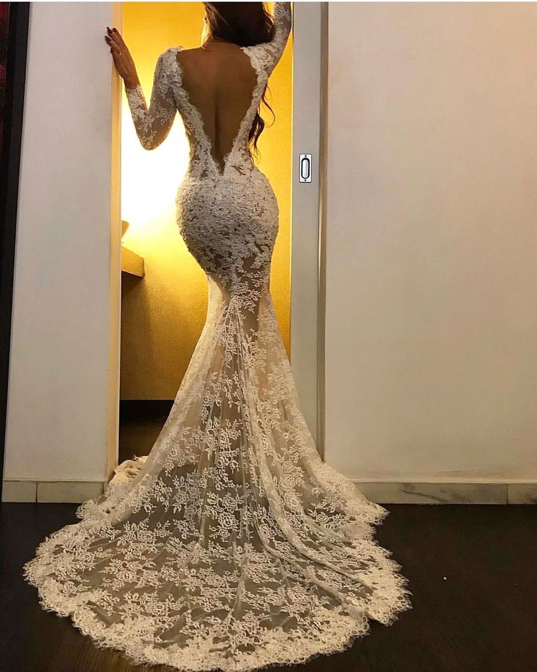 Long Sleeves White Mermaid V-neck Lace Formal Prom Dress with Slit - YESBABYONLINE