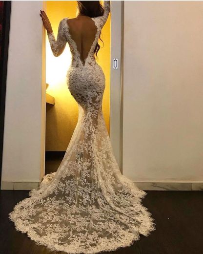 Long Sleeves White Mermaid V-neck Lace Formal Prom Dress with Slit - YESBABYONLINE