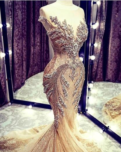 Luxury Long Mermaid V-neck Beadings Tulle Prom Dress - YESBABYONLINE