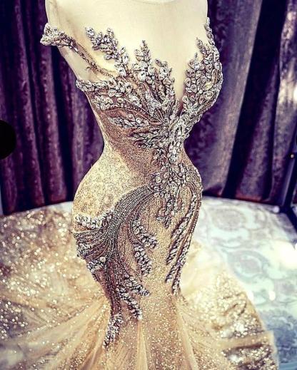 Luxury Long Mermaid V-neck Beadings Tulle Prom Dress - YESBABYONLINE