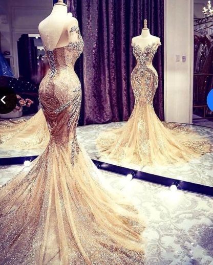 Luxury Long Mermaid V-neck Beadings Tulle Prom Dress - YESBABYONLINE