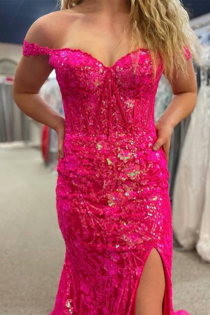 Off the Shoulder Gold Sequin Corset Mermaid Prom Dress with Slit