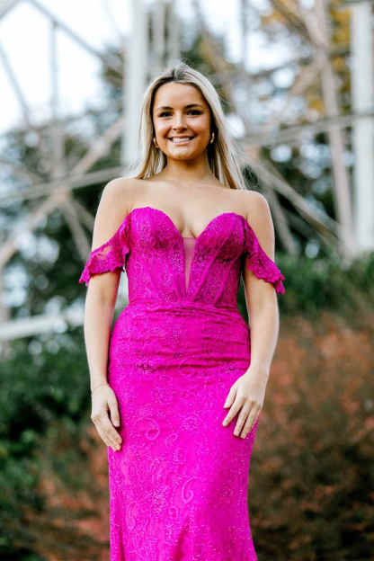 Magenta Off the Shoulder Mermaid Lace Prom Dress