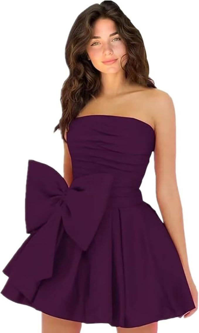 Chic Short A-line Sleeveless Strapless Ruched Lace Up Homecoming Dresses with Bow - YESBABYONLINE