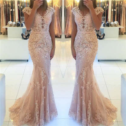 Mermaid Cap Sleeve Prom Dress with Appliques