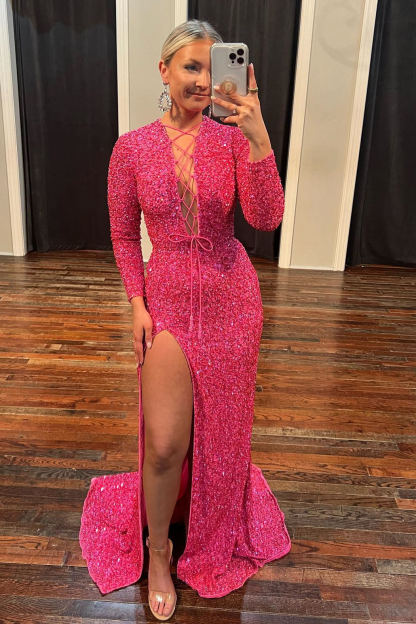 Mermaid Lace-Up Neck Long Sleeves Sequins Prom Dress with Slit