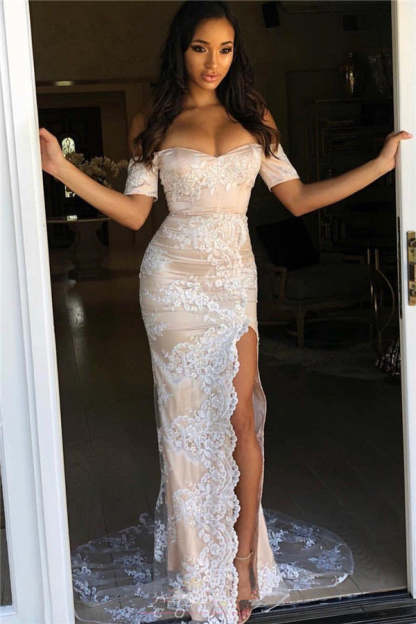 Mermaid Off-the-shoulder Split Front Long Prom Dress with Sleeves - YESBABYONLINE