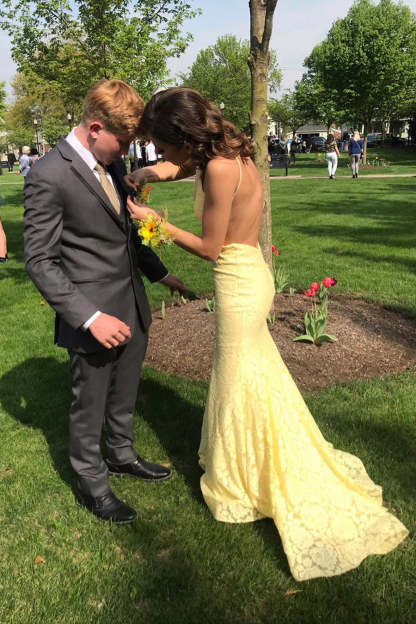 Mermaid Open Back Lace Yellow Prom Dress