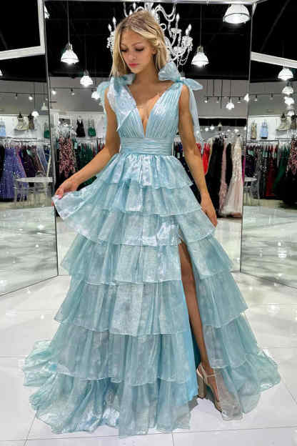 Glitter Tie Straps Pink Plunging Neck Tiered Long Prom Dress