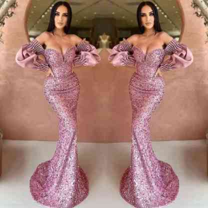 Off-The-Shoulder Mermaid Sweetheart Long Sleeves Evening Dress with Sequins