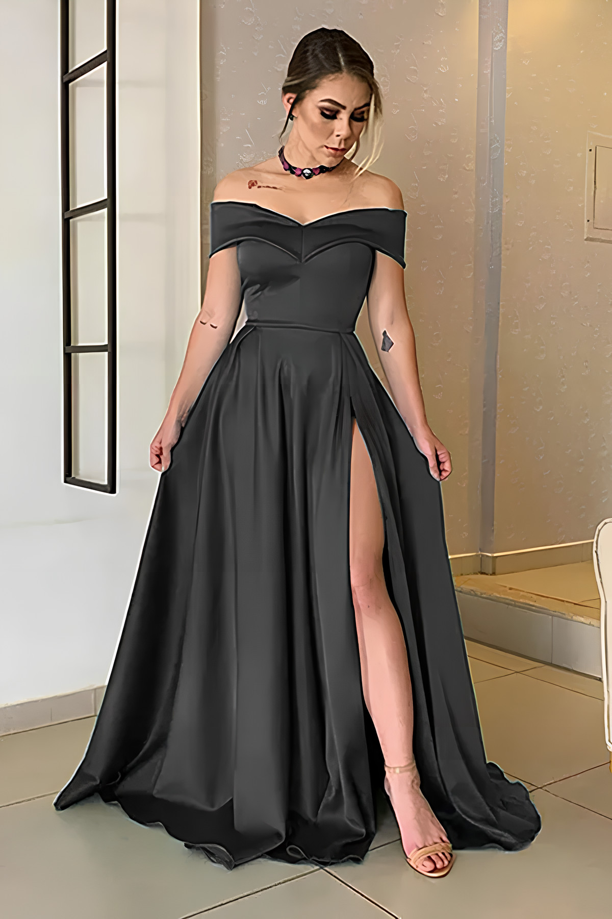 Black Long A-line Off the Shoulder Satin Split Prom Dress