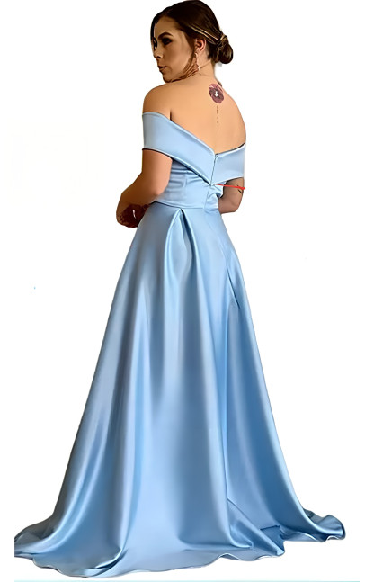 Black Long A-line Off the Shoulder Satin Split Prom Dress