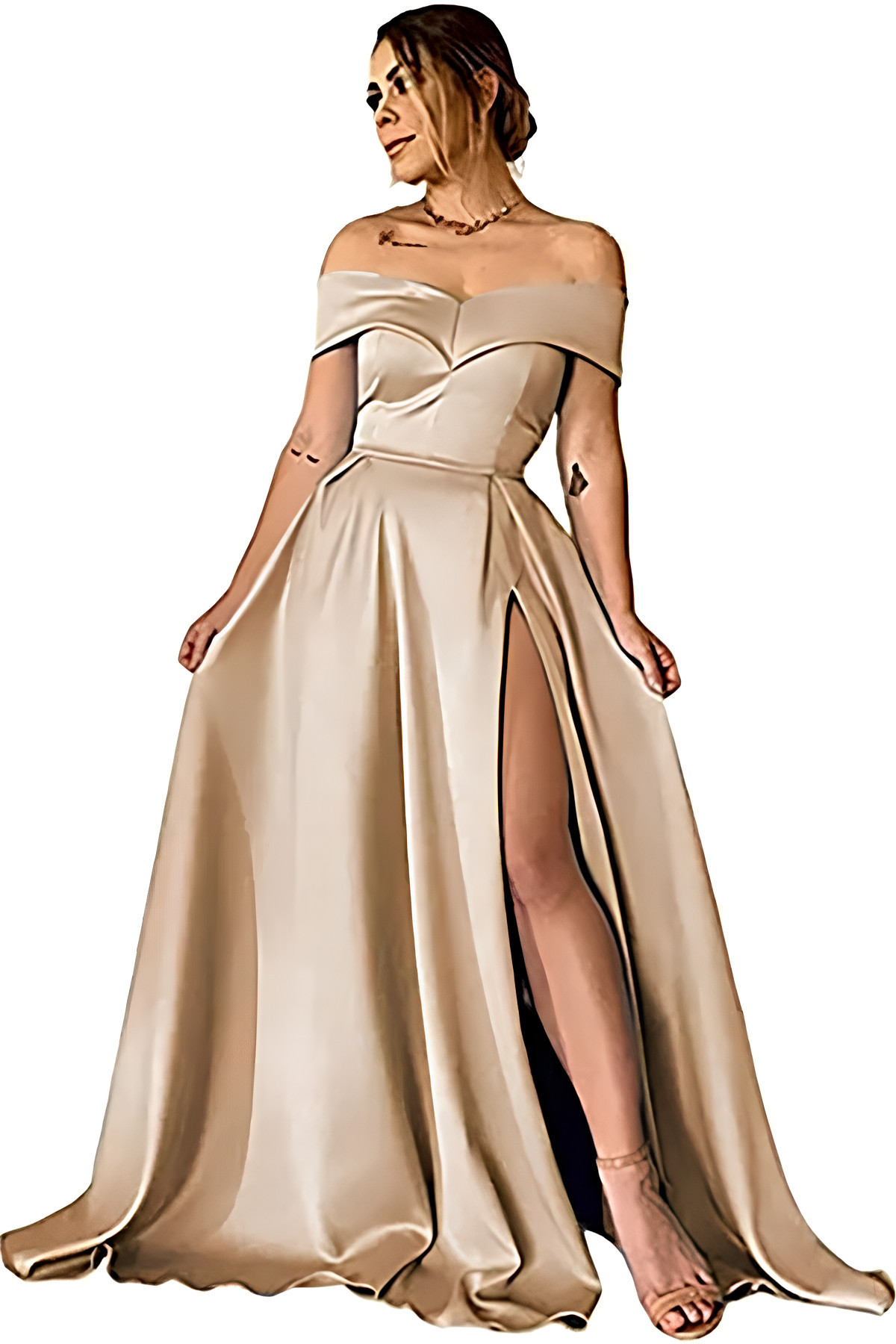 Black Long A-line Off the Shoulder Satin Split Prom Dress