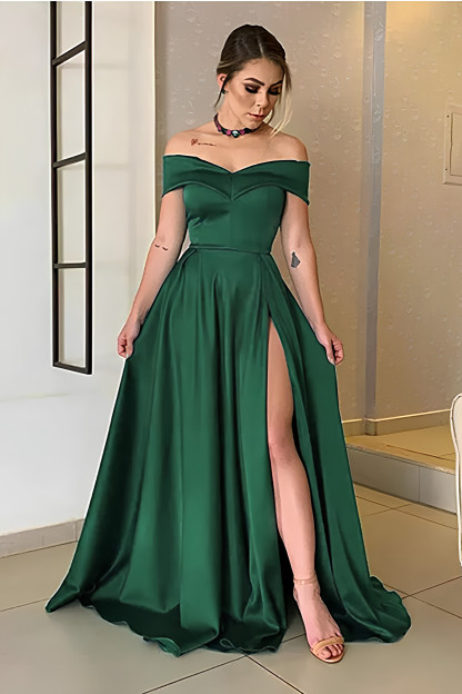 Black Long A-line Off the Shoulder Satin Split Prom Dress