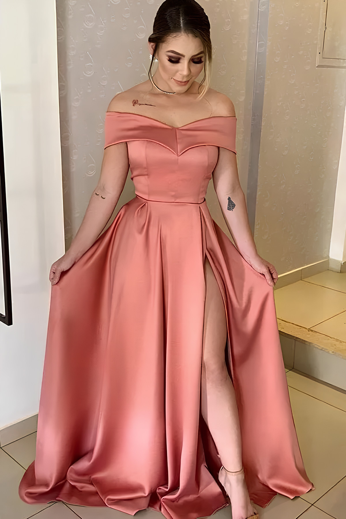 Black Long A-line Off the Shoulder Satin Split Prom Dress