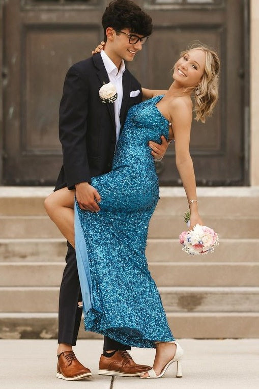 One Shoulder Blue Mermaid Long Prom Dress