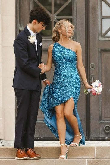 One Shoulder Blue Mermaid Long Prom Dress