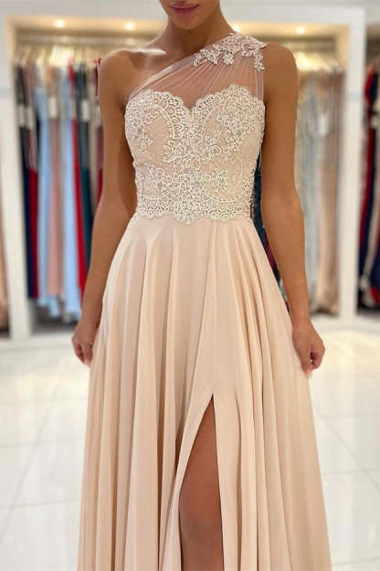 One Shoulder Lace Appliques Prom Dress with Slit