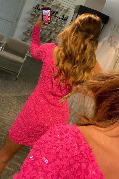 One Shoulder Sequined Homecoming Dress Hot Pink Long Sleeve