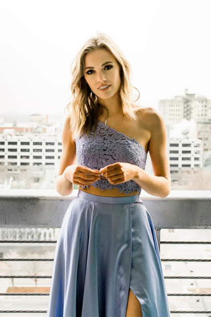 One Shoulder Yellow Two Piece Prom Dress with Slit