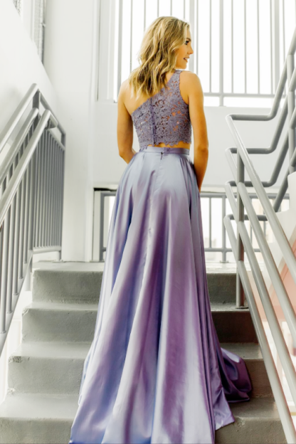 One Shoulder Yellow Two Piece Prom Dress with Slit