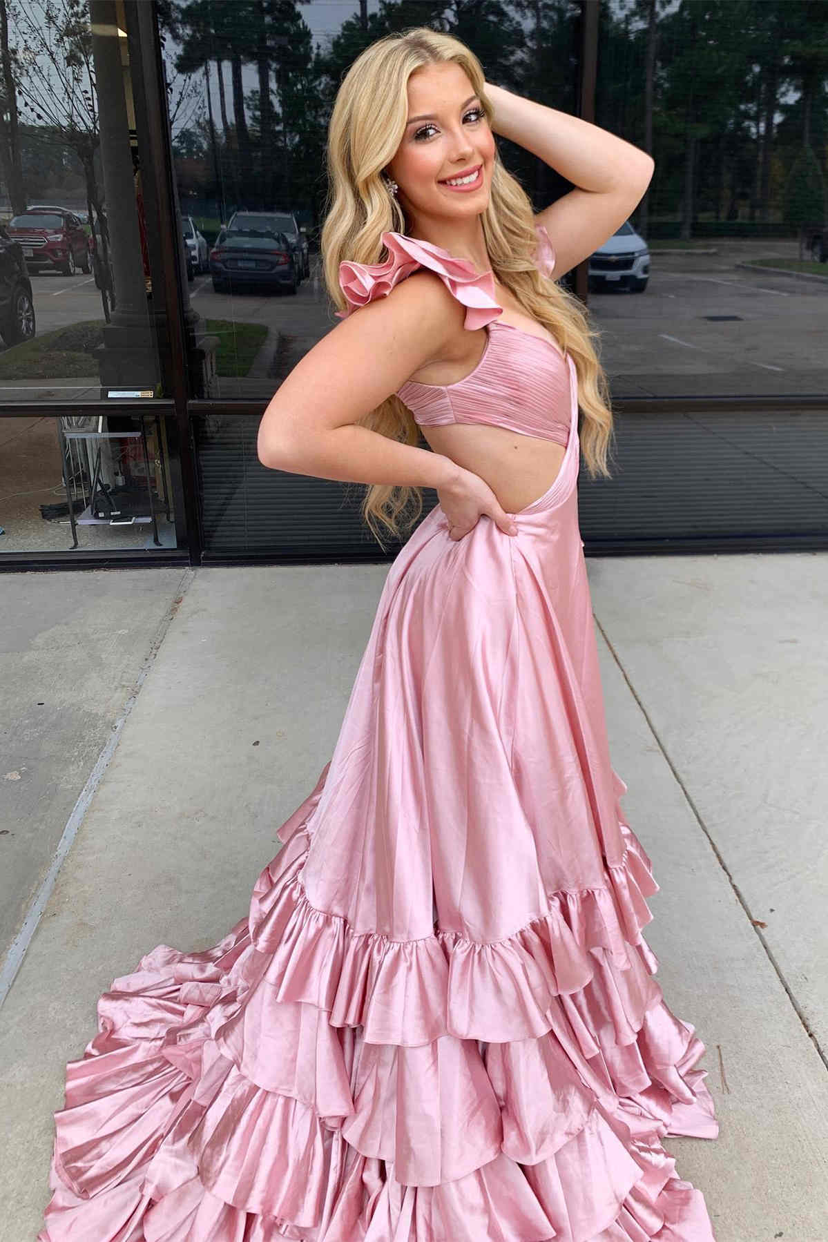 Ruffled Straps Red Pleated Layered Long Prom Dress