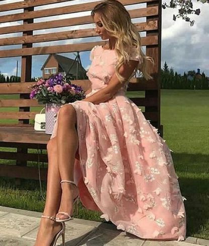 Pink Short Flowers Jewel A-Line Tea-length Prom Dresses-Yesbabyonline