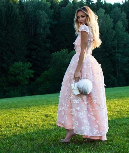 Pink Short Flowers Jewel A-Line Tea-length Prom Dresses-Yesbabyonline