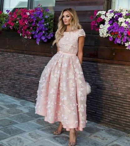 Pink Short Flowers Jewel A-Line Tea-length Prom Dresses-Yesbabyonline