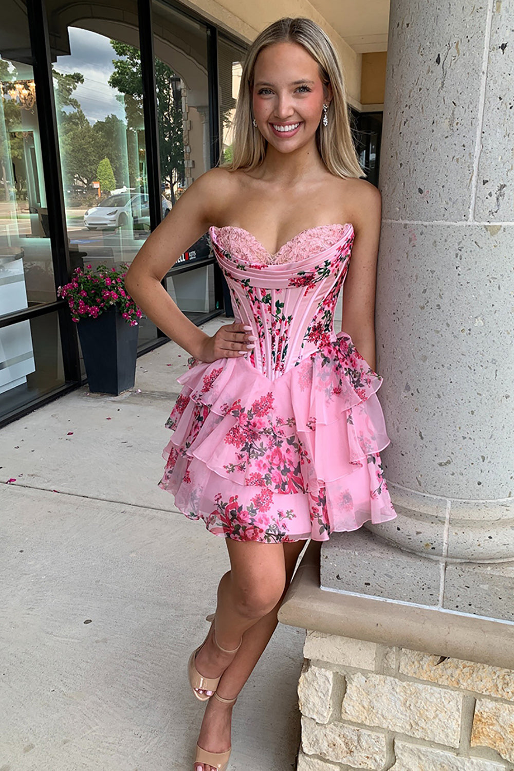 Yesbabyonline Pink Strapless Corset Short Floral Homecoming Dresses
