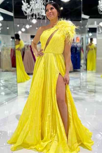 Pleated Feather One Shoulder Fuchsia Long Prom Dress