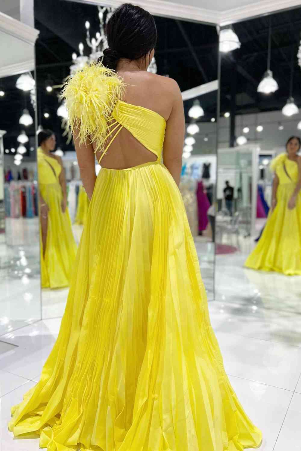 Pleated Feather One Shoulder Fuchsia Long Prom Dress