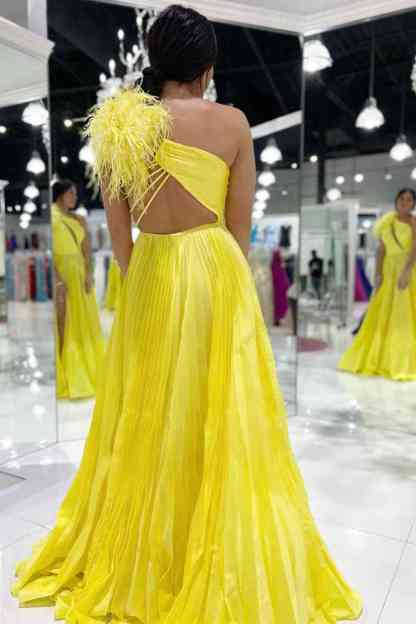 Pleated Feather One Shoulder Fuchsia Long Prom Dress
