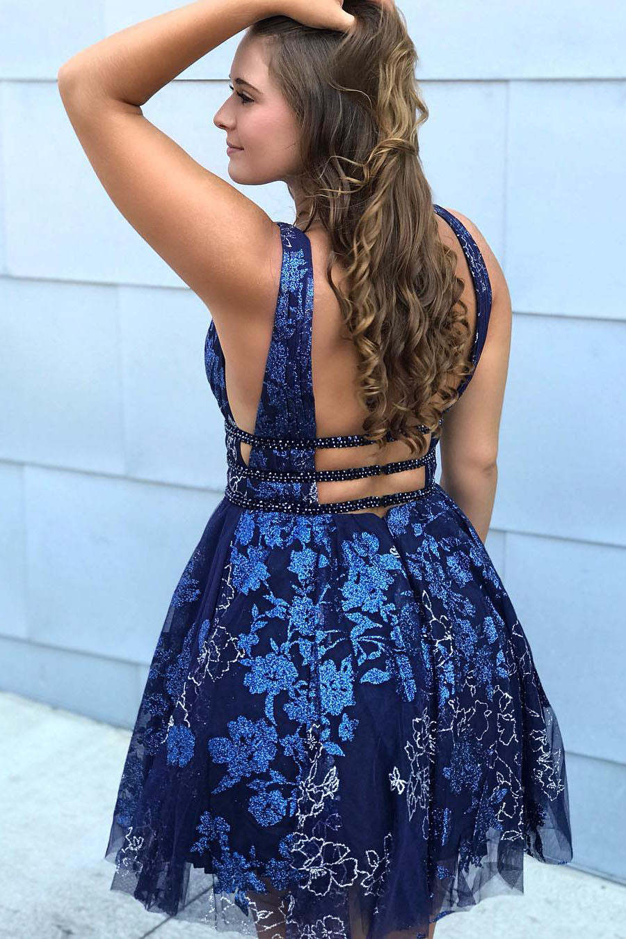 Plunging Neck Embroidery Navy Blue Homecoming Dress