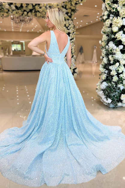 Plunging Neck Light Blue Beaded A-Line Formal Dress