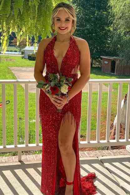 Plunging V-Neck Black Side Cut-Out Long Prom Dress with Fringe