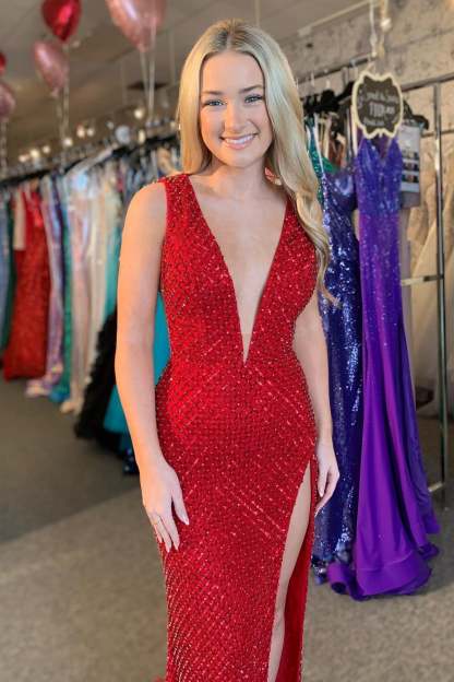 Plunging V-Neck Red Beaded Grid Mermaid Prom Dress with Slit