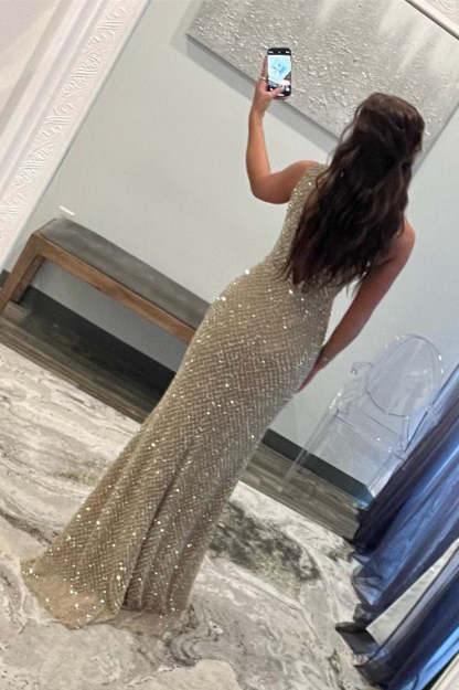 Plunging V-Neck Red Beaded Grid Mermaid Prom Dress with Slit