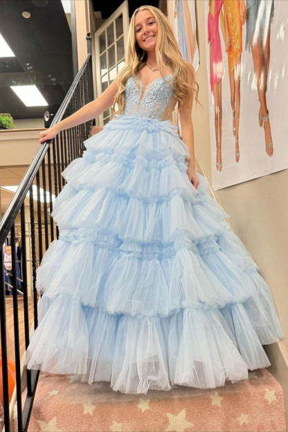 Plunging V-Neck Straps Appliques Layered Prom Dress