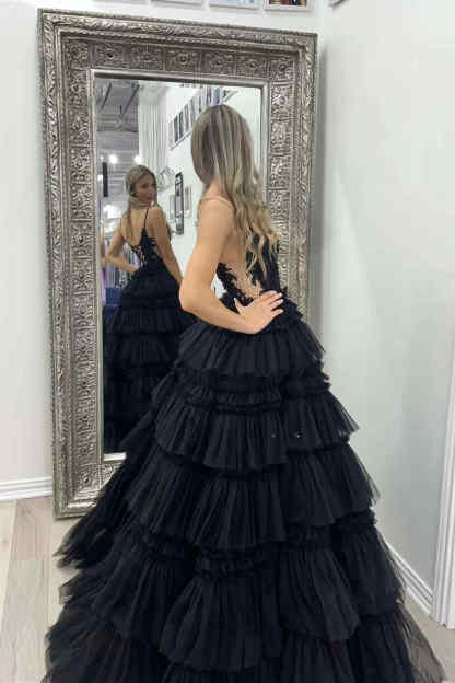 Plunging V-Neck Straps Appliques Layered Prom Dress