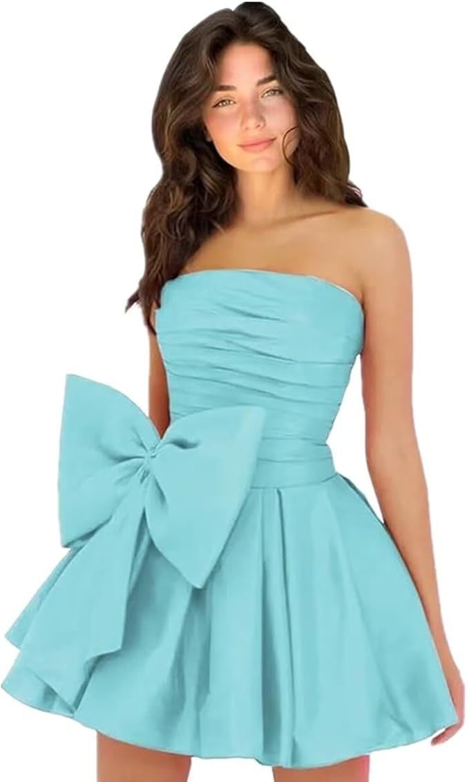 Chic Short A-line Sleeveless Strapless Ruched Lace Up Homecoming Dresses with Bow - YESBABYONLINE