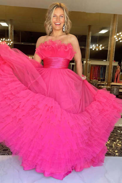 Princess Fuchsia A-line Strapless Tulle Multi-Layers Long Prom Dress